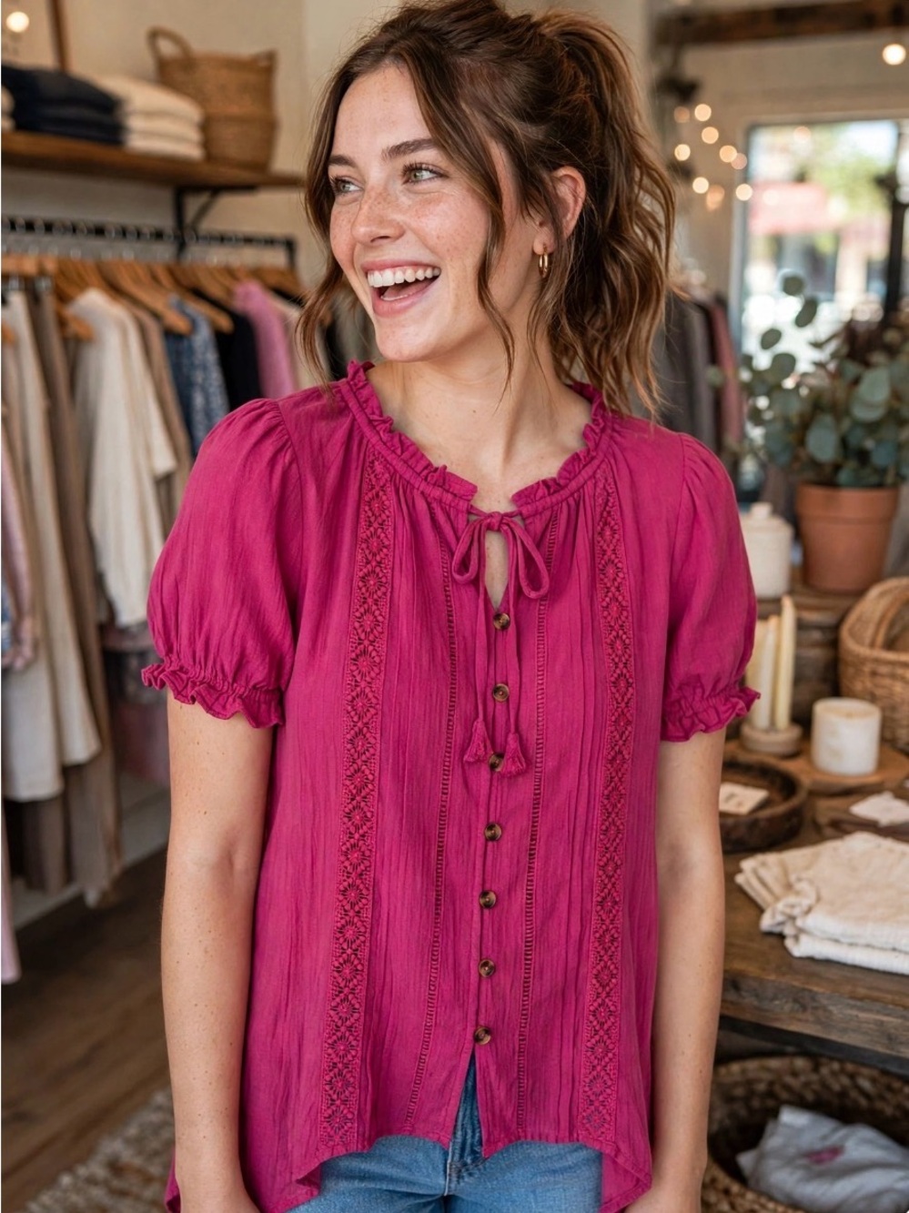Rockmans Women's Fuchsia Button-Front Lace-Trim Shirt